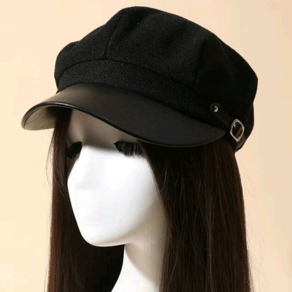Women's Baker boy black faux leather fabric soft hat cap casual beret new - Picture 4 of 16